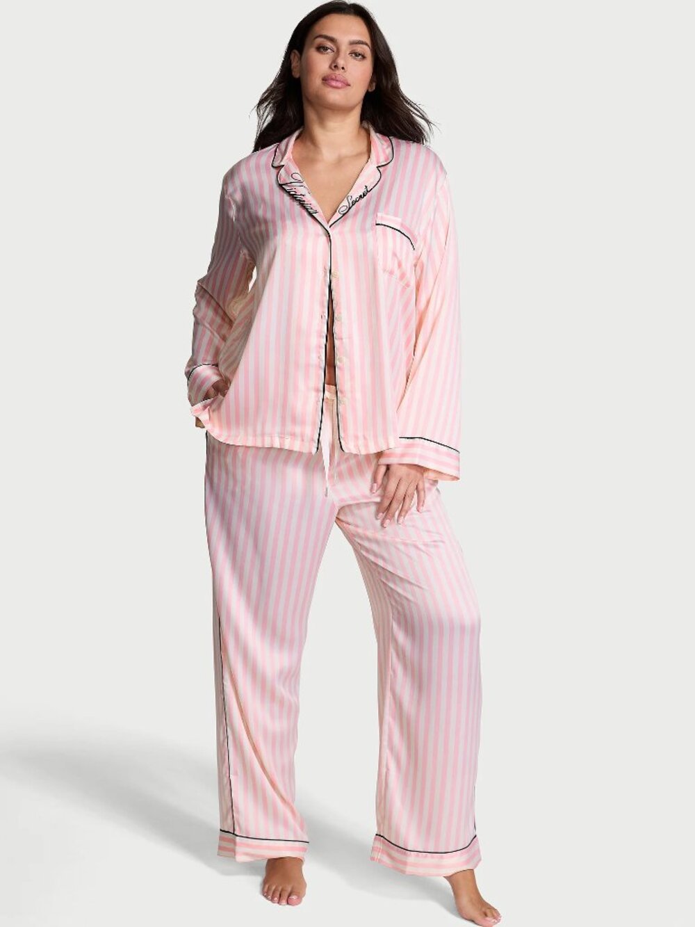 Victoria's Secret Small Satin Long Pajama Set in Embroidered Collar Pink Striped